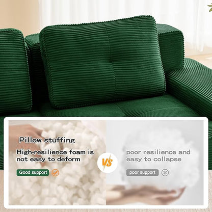 80.3” Green Boneless Couches for Living Room, Modular Sectional Sofa with L-Shape Chaise, 2 Seater Comfy Upholstered Loveseat Deep Seat Corduroy Fabric Cloud Couch No Assembly, Anti-Slip Design