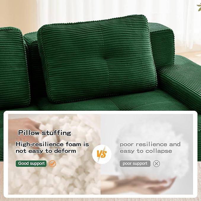 115.3” Green Boneless Couches for Living Room, Modular Sectional Sofa, 3 Seater Comfy Upholstered Deep Seat Corduroy Fabric Cloud Couch No Assembly, Anti-Slip Design