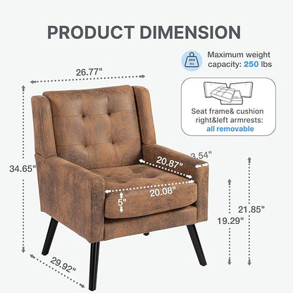 Mid-Century Modern Accent Chair, Plush Suede Fabric with Button Tufted High Back & 5" Thick Cushion, High Comfort Reading Chair for Living Room, Bedroom, Office (Brown)