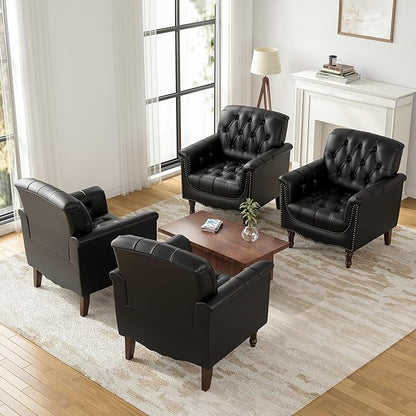 Faux Leather Accent Chairs Set of 4, Upholstered Armchairs with Nailhead Trims & Wood Legs for Living Room, Bedroom, Contemporary Comfy Club Chairs for Office-Black