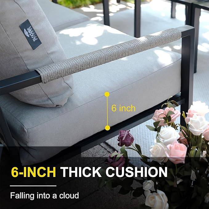 Sundale Outdoor 5 Pieces Patio Furniture Set, All-Weather Metal Outdoor Conversation Set with 6 Inch Cushions and Coffee Tables, Outdoor Furniture Set for Backyard, Balcony, Poolside, Light Grey