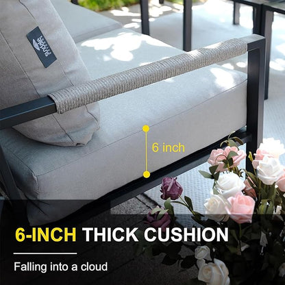 Sundale Outdoor 3 Pieces Patio Rattan Furniture Set, All-weather Metal Outdoor Conversation Set with 6 Inch Cushions and Coffee Table, Outdoor Sofa Set for Garden, Backyard, Porch, Balcony, Light Grey