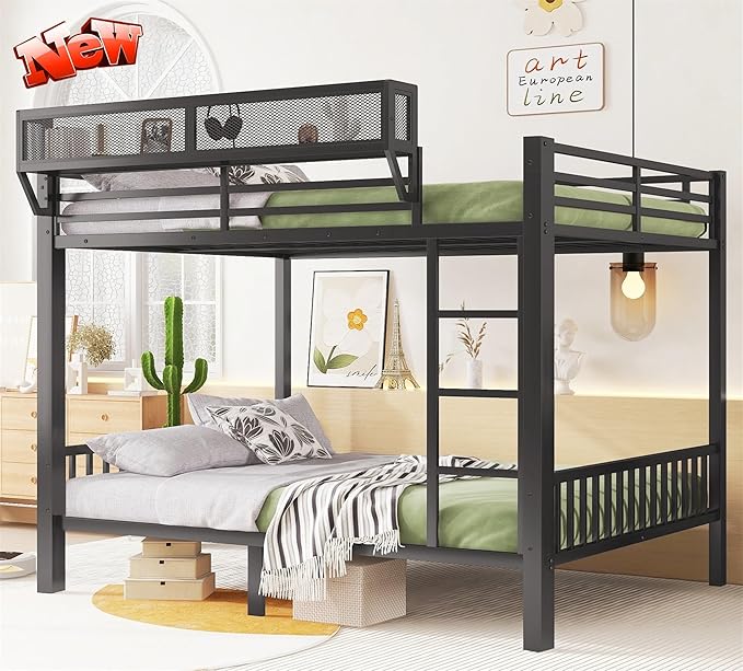 Higher Quality & Stronger Heavy Duty Steel Black Bunk Bed Queen Over Queen Size Bunkbed, Thickened More Stable Safer Metal Bunk Queen Bed (Easier to Assemble)