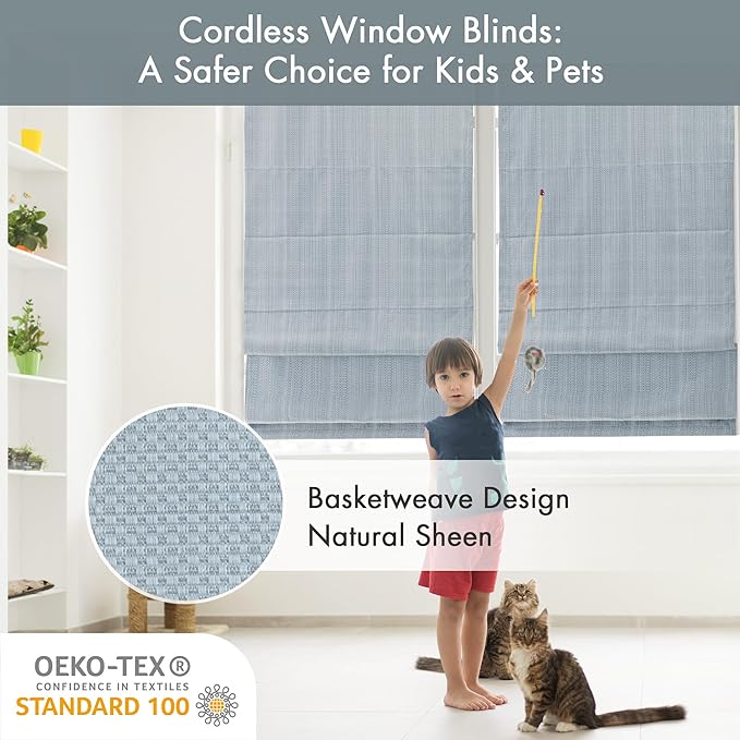 Madison Park Galen Cordless Roman Shade, 34"W x 64"H, Sheen Blue – Room Darkening, Thermal Insulated, Energy Efficient Window Blind with Subtle Sheen Basketweave Fabric for Privacy