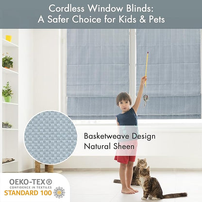 Madison Park Galen Cordless Roman Shade, 31"W x 64"H, Sheen Blue – Room Darkening, Thermal Insulated, Energy Efficient Window Blind with Subtle Sheen Basketweave Fabric for Privacy