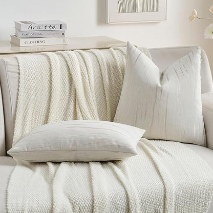 FUTEI Cream Chenille Decorative Throw Pillow Covers 18x18 Inch Set of 2,Soft Embossed Striped Textured Cushion Case,Modern Home Decor for Couch Bed Living Room