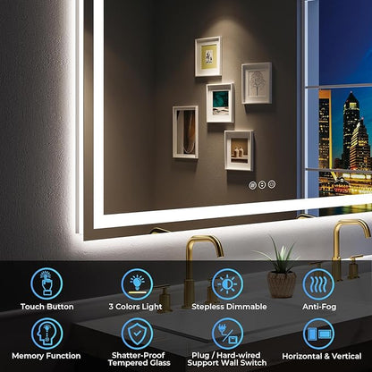 55x36 Inch LED Bathroom Mirror with Lights Front and Backlit Lighted Vanity Mirror for Bathroom Wall with 3 Colors Dimmable Anti-Fog Memory Shatter-Proof IP54 Waterproof Horizontal/Vertical