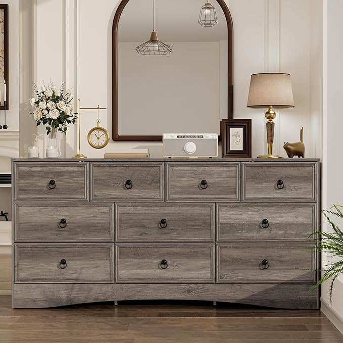 Farmhouse 10 Drawer Dresser for Bedroom – 63'' Long Dresser Wood Chest of Drawers,TV Stand for 75 inch TV, Storage Organizer Furniture, Hallway, Entryway, Closet, Brownish Grey