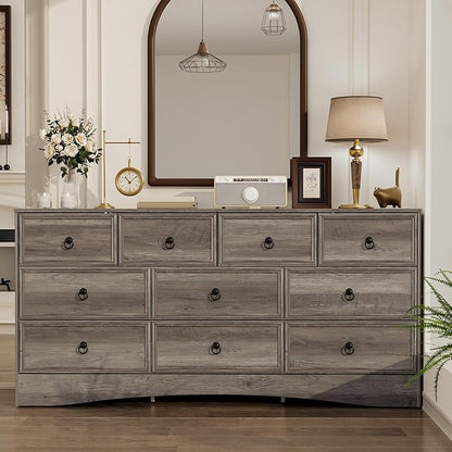 Farmhouse 10 Drawer Dresser for Bedroom – 63'' Long Dresser Wood Chest of Drawers,TV Stand for 75 inch TV, Storage Organizer Furniture, Hallway, Entryway, Closet, Brownish Grey