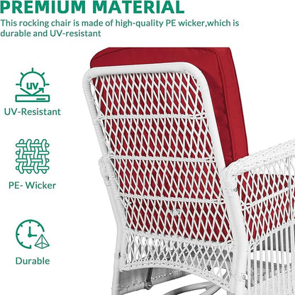 VIVIJASON 5-Piece Outdoor Patio White Wicker Conversation Sets, All Weather Outdoor Rattan Furniture Set Includes Glider Loveseat, 2 Coffee Table, 2 Swivel-Gliders Chairs with Cushions, Red
