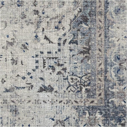 RUGGABLE Washable Vintage Area Rug – Sarrah Blue Quartz 6 ft Round, Stain-Resistant, Non-Slip – Medium Machine Washable Rugs for Living Room, Bedroom, Hallway, Entryway & Office–with Cushioned Pad