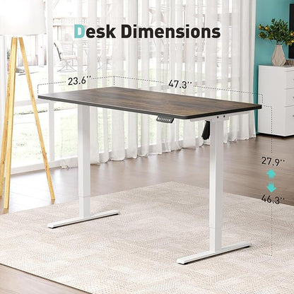 One-Piece Electric Standing Desk, 48 x 24 Inch Adjustable Height Sit to Stand Up Desk for Home Office, Work & Study, White Frame & Brown Desktop (2 Packages)