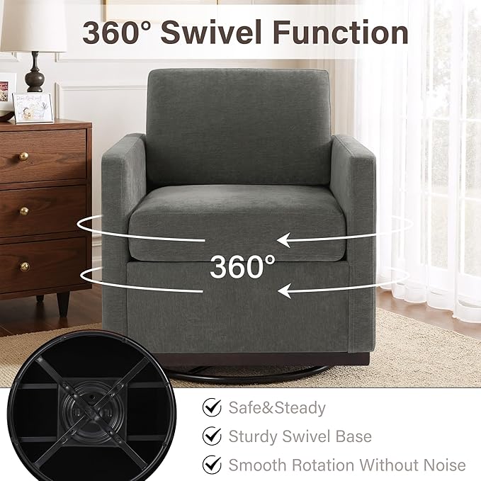 UIXE Swivel Accent Chairs Set of 2, Chenille Upholstered Armchair Comfy Club Chair for Living Room, Mid Century Modern Arm Chair Single Sofa Nook Bedroom Side Reading Seat - Gray