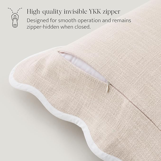 Double Stitch Scalloped Throw Pillow Covers - 100% Cotton Decorative Boho Pillow Covers 18 x 18, Made in India, Square Cushion Case, Modern Home Decor for Couch Sofa Living Room, Oat Milk