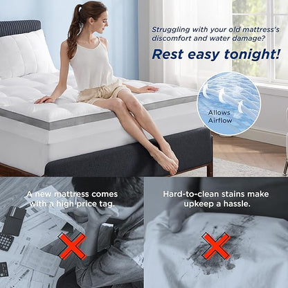 Bedsure 4 Inch Memory Foam Queen Mattress Topper, Dual Layer 2.5 Inch Gel Memory Foam & 800 GSM Waterproof Pillow Top Cooling Mattress Pad with 8-21 Inch Deep Pocket (Queen, 60x80 Inches)