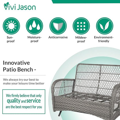 VIVIJASON 7-Piece Outdoor Patio Wicker Conversation Sets, All Weather Outdoor Rattan Furniture Set Includes Glider Loveseat, 2 Rocking Chairs, 2 Swivel-Gliders Chairs, 2 Coffee Table, Grey