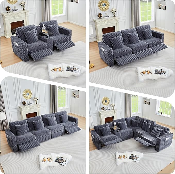 ORRD Power Reclining Sectional Sofa, Electric 4 Seat Recliner with 2 Electric Footrest and Adjustable Headrest, Modern Plush Corduroy Fluffy Modular Sectional with Deep Seat for Living Room-Blue Grey