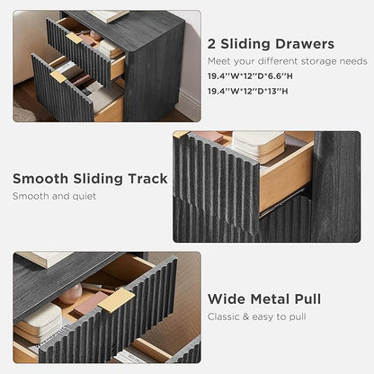 T4TREAM 23'' Fluted Nightstand Set of 2 with Charging Station, Large 2 Drawer Side Table, Modern End Table with Storage, Mid Century Bedside Table for Bedroom, Living Room, Curved Profile, Dark Alder