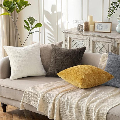 decorUhome Mustard Yellow Chenille Throw Pillow Covers 26x26 Set of 2 Thick Textured Slubby Couch Pillow Covers Farmhouse Accent Modern Neutral Decorative Pillow Cases for Bed Sofa Living Room