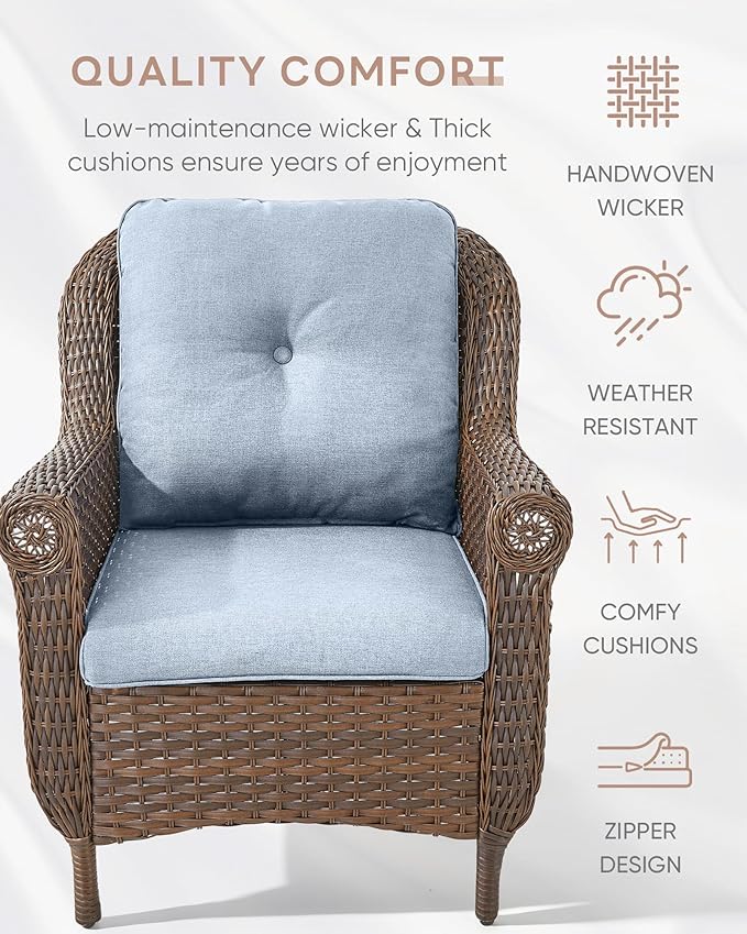 3 Piece Patio Brown Wicker Chairs with Side Table - Outdoor High Back Heavy Duty All-Weather Lawn Dining Rattan Chair Conversation Bistro Set for Deck Porch Balcony Backyard Garden - Baby Blue