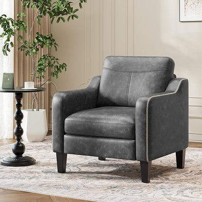PU Leather Accent Chair Set of 2, Mid-Century Modern Living Room Armchair Sofa with Removable Cushions, Solid Wood Frame & Stitched Armrest Design, Bedroom Chair with Plastic Legs, Black