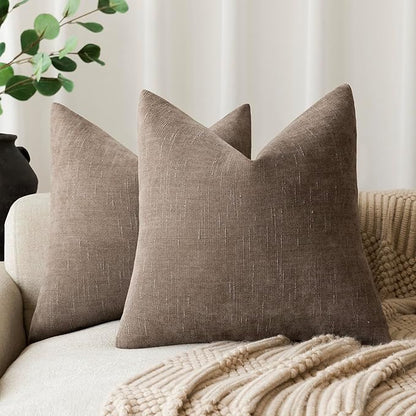Foindtower Pack of 2 Soft Textured Chenille Throw Decorative Pillow Covers Square Accent Solid Cushion Cover Cozy Farmhouse Pillow Case with Zipper for Couch Sofa Bedroom Living Room 26x26 Inch, Taupe