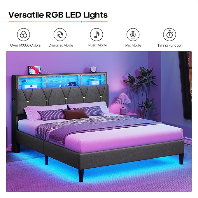 LED Full Bed Frame with Charging Station, Full Size Bed Frame with Storage Headboard, Modern Upholstered Platform Bed with Shelf Headboard, Noise-Free, Dark Grey