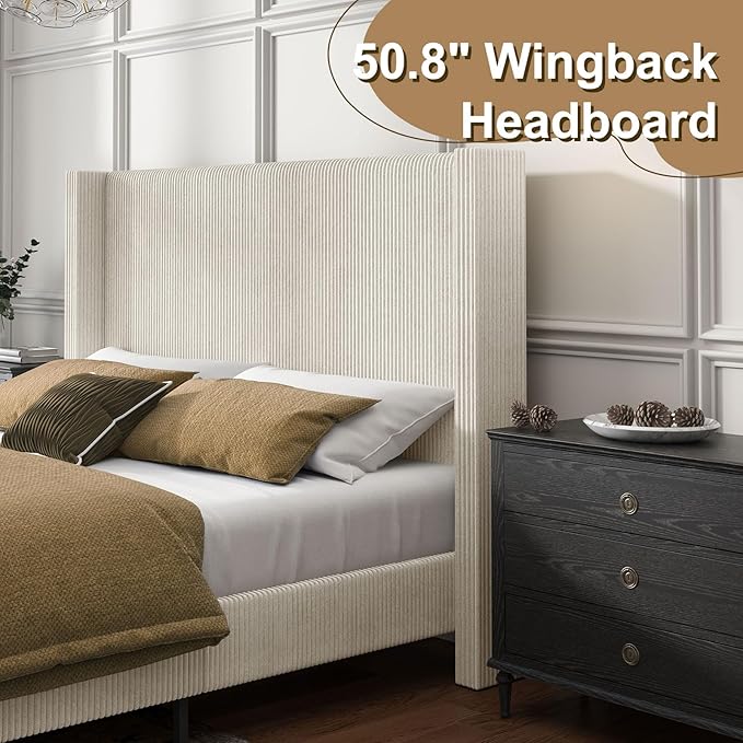 HOWE California King Size Upholstered Platform Bed Frame, Wingback Bed with 50.8" Headboard, Corduroy/Solid Wood Leg/No Box Spring Needed/Noise Free Sturdy Structure/Cream
