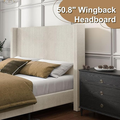 HOWE Queen Size Upholstered Platform Bed Frame, Wingback Bed with 50.8" Headboard, Corduroy/Solid Wood Leg/No Box Spring Needed/Noise Free/Cream