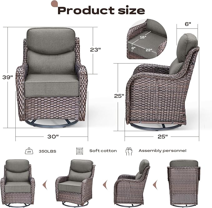 Rilyson Outdoor Patio Swivel Rocker Chairs Set of 2, Waterproof Wicker, High Back, Deep Seating, Wide Armrest, Upgraded 6 inch Thick Cushions, Side Table, Ideal for Deck Porch Yard, Brown-Grey
