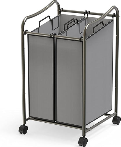 Simple Houseware 2-Bag Heavy Duty Rolling Laundry Sorter Cart, Dark Gray – 2 Section Removable Bags and Lockable Wheels for Laundry Room Organization