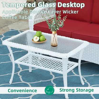 VIVIJASON 2-Piece Patio White Wicker Loveseat Glider Set Cushioned, Outdoor Conversation Furniture Sets with 2-Seater Glider Rocking Bench, Coffee Table and Cushions for Porch Garden Poolside, Red