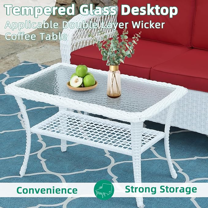 VIVIJASON 4-Piece Outdoor Patio White Wicker Conversation Sets, All Weather Rattan Furniture Set Includes Glider Loveseat, Coffee Table, 2 Glider Rocker Chairs w/Cushion for Lawn Balcony, Red