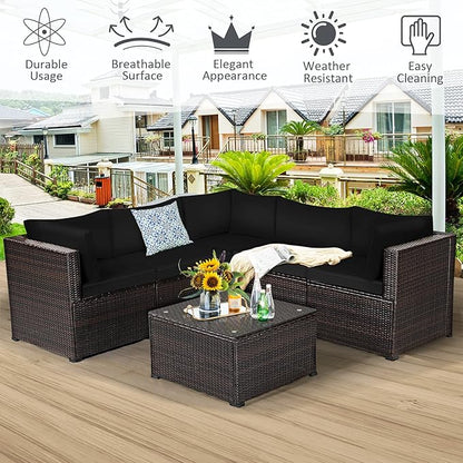 Tangkula 6 Pieces Patio Furniture Set, Outdoor Rattan Sofa Set, Wicker Conversation Set w/Tempered Glass Coffee Table & Cushions, Sectional Sofa Set for Backyard, Garden, Balcony, Poolside (Black)