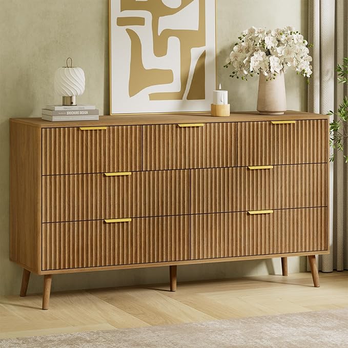LYNSOM Fluted Dresser and Nightstand Sets 4 Piece, 2-Drawer Nightstands and 5/7 Drawers Dresser, Wood Bedroom Furniture Set for Home, Bedroom, Hallway, Natural Oak