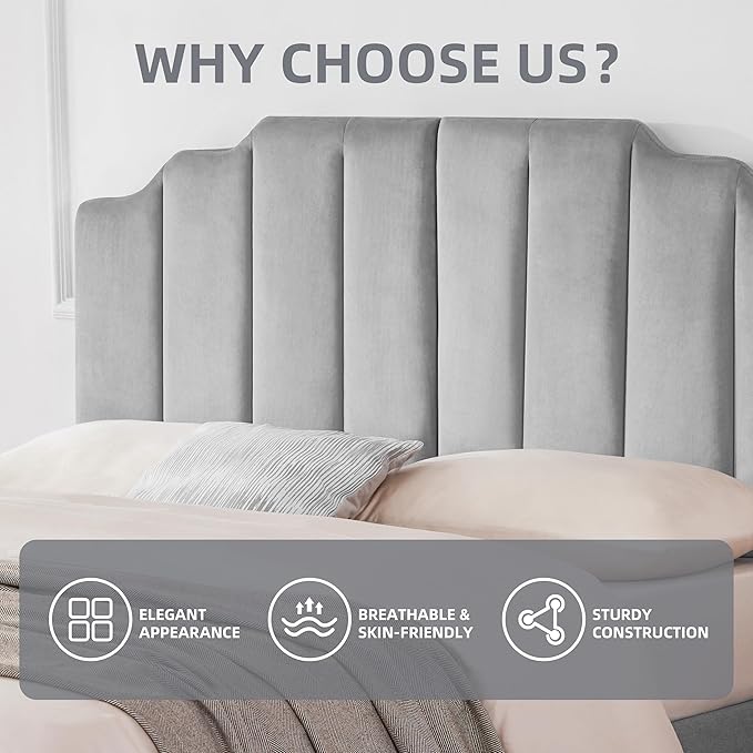Tufted Headboard, Comfort Velvet Upholstered Headboard, Modern Vertical Channel Design, King Size Bed Compatible, Easy Assembly，Soft Grey