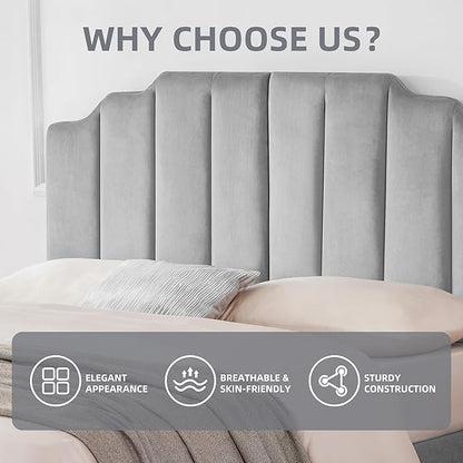 Velvet Upholstered Headboard Queen, Tufted Headboard, Elegantly Curved headboard only, Soft Padded headboards Queen Size, Modern Vertical Channel Design Head Board, Soft Grey