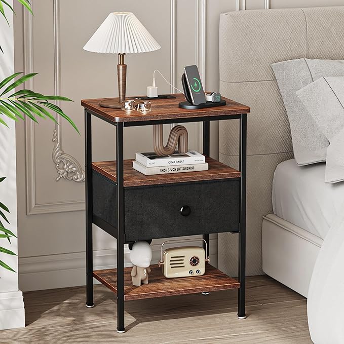 VECELO Night Stand Set 2, Nightstand with Charging Station, End Tables with Open Storage Shelf, Bed Side Tables with Fabric Drawers for Bedroom,Living Room,Rustic Brown