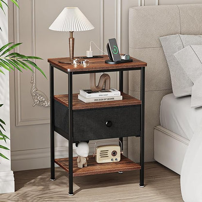 VECELO Night Stand Set 2, Nightstand with Charging Station, End Tables with Open Storage Shelf, Bed Side Tables with Fabric Drawers for Bedroom,Living Room,Rustic Brown