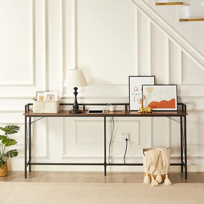 VECELO 71 Inch Console Table with 2 Outlet and 2 USB Ports, Entryway Furniture with 9.8 Feet Long Power Cord, Baffle and Rest Rails, Sturdy and Stable, 70.9”L x 11.8”W x 31.5" H, Brown