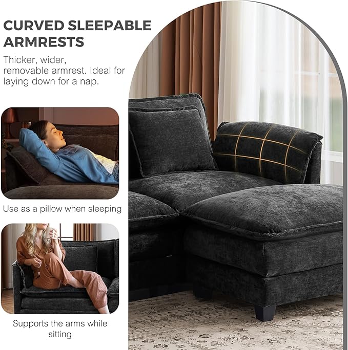 ELUCHANG 113" Modular Sectional Sofa, Comfy Cloud Couch Deep Seat Sofa Couches for Living Room, Modern Sofa with Movable Ottoman and Throw Pillows, DIY Combination - Chenille Black