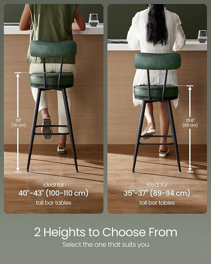 VASAGLE EKHO Collection - Bar Stools Set of 2, Swivel Bar Height Bar Stools with Back, Synthetic Leather with Stitching, Mid-Century Modern, 30-Inch Tall Barstools for Kitchen Home Bar, Forest Green