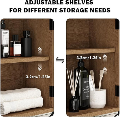 RUSTOWN Rattan Bathroom Wall Cabinet, Boho Over The Toilet Storage Cabinet with Arched Rattan Doors, Modern Medicine Cabinet with Adjustable Shelves & Towel Bar, Bathroom Organizer(Rustic Oak, Medium)