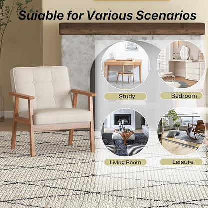 Modern Accent Chair with Arm Rest, Upholstered Linen Fabric Leisure Chair Comfy Side Chair with Backrest Button and Wooden Frame for Living Room Bedroom Reading(Beige), 1 PC