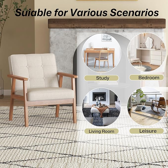 Modern Accent Chairs Set of 2, Upholstered Linen Fabric Leisure Chairs with Backrest Button and Wooden Frame for Living Room Bedroom Reading (Beige)
