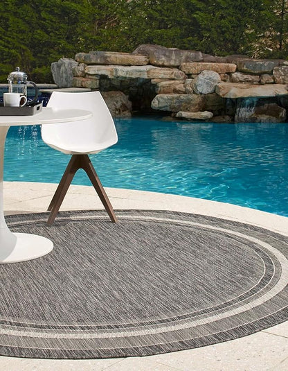 Unique Loom Outdoor Border Collection Area Rug - Soft Border (13' Round, Black/ Ivory)
