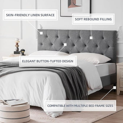 Linen Upholstered Headboard Full Size, Modern Diamond Tufting Solid Wood Full XL Headboard Only, Adjustable Height from 37” to 51” Head Board, Bed Frame or Wall Mount Headboards, Light Grey