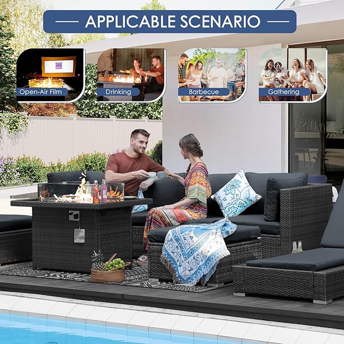 NICESOUL 7 Piece Outdoor Patio Sectional Furniture Set with Fireplace Natural Gas/Propane, 29.3'' High Back Comfortable Wicker Conversations, Large Size Deep Seats Couches for Garden Backyard, Gray