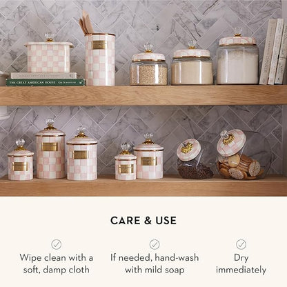 MACKENZIE-CHILDS Rosy Check Kitchen Canister, Decorative Pink-and-White Glass Storage Jar with Lid, Medium