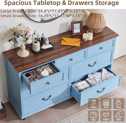 Farmhouse Dresser and Nightstand Sets, Wooden 7 Drawers Dresser & 24" Night Stand with 3 Drawers, 2 Piece Bedroom Furniture Set, Chest of Drawers for Bedroom, Home, Living Room, Hallway